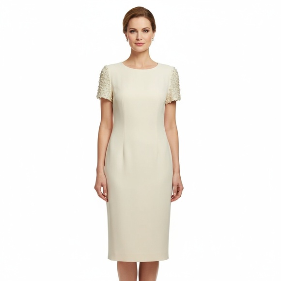 Donna Morgan Midi Dress Womens Size 6 Cream Sheath Pearl Beaded Elegant Cocktail - Picture 2 of 8